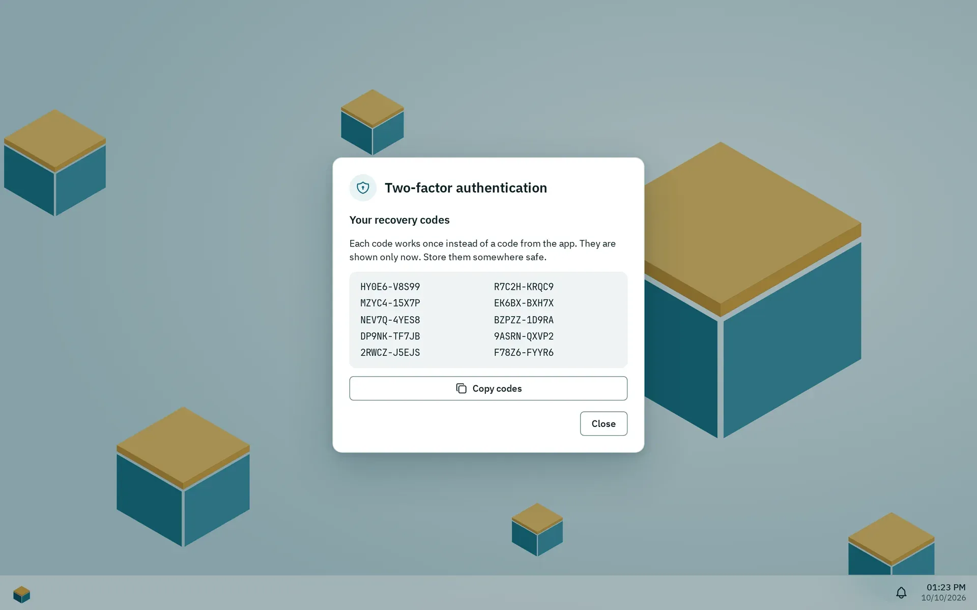 The dialog Your recovery codes with ten one-time codes and the button Copy codes