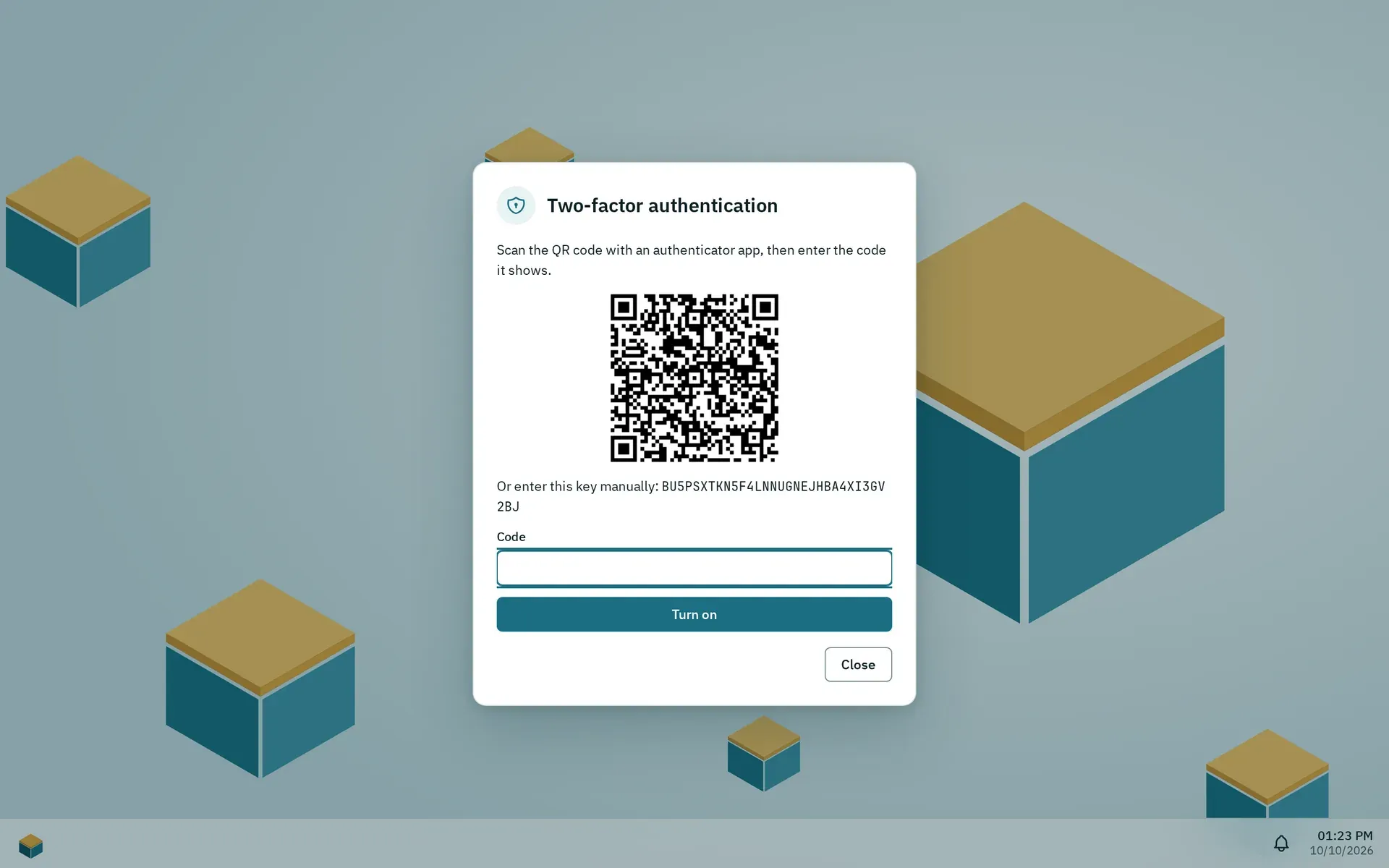 The dialog Two-factor authentication with a QR code, the key to enter manually, the field Code and the button Turn on