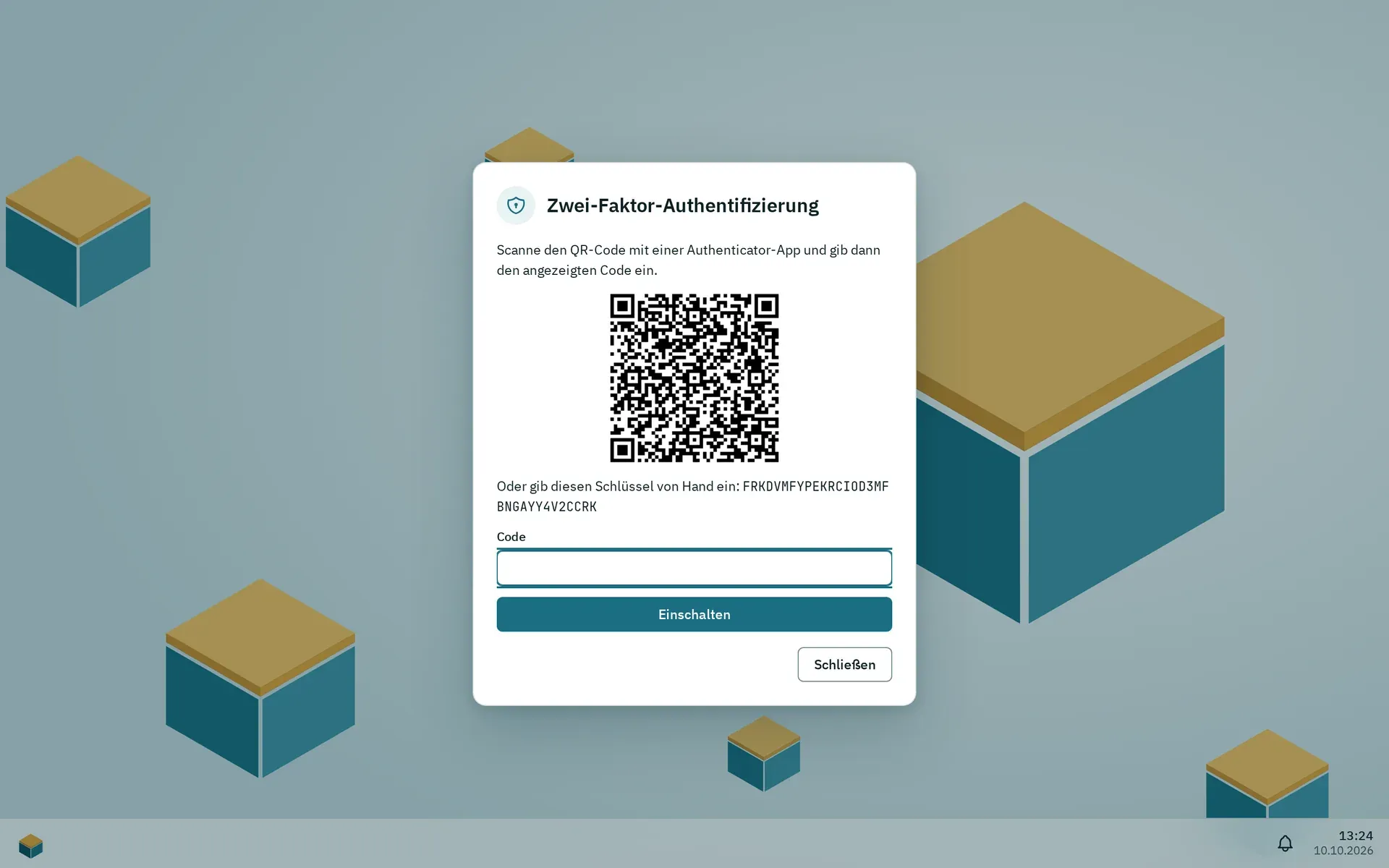 Der Dialog Zwei-Faktor-Authentifizierung mit einem QR-Code, dem Schlüssel zur Eingabe von Hand, dem Feld Code und dem Knopf Einschalten
