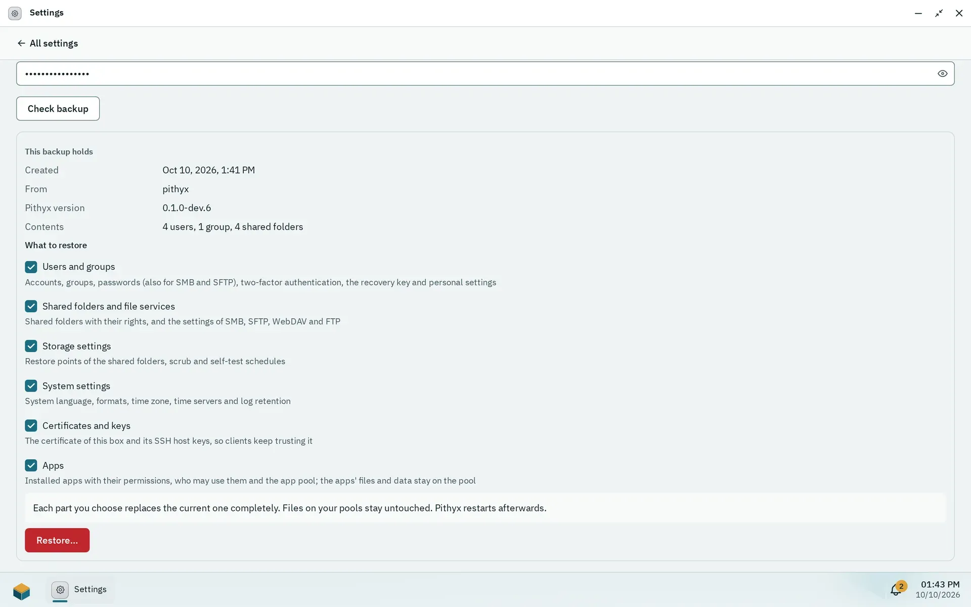 Settings, Backup and restore, after Check backup: when and where the backup was made, its contents and the parts to restore, with the button Restore