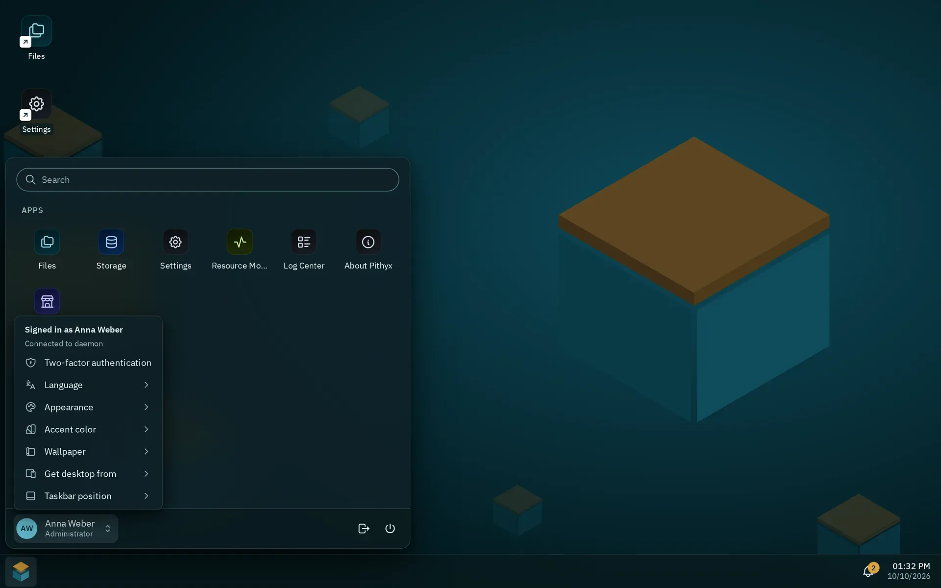 The Pithyx menu in the dark theme with the account menu of Anna Weber open: Two-factor authentication, Language, Appearance, Accent color, Wallpaper, Get desktop from and Taskbar position