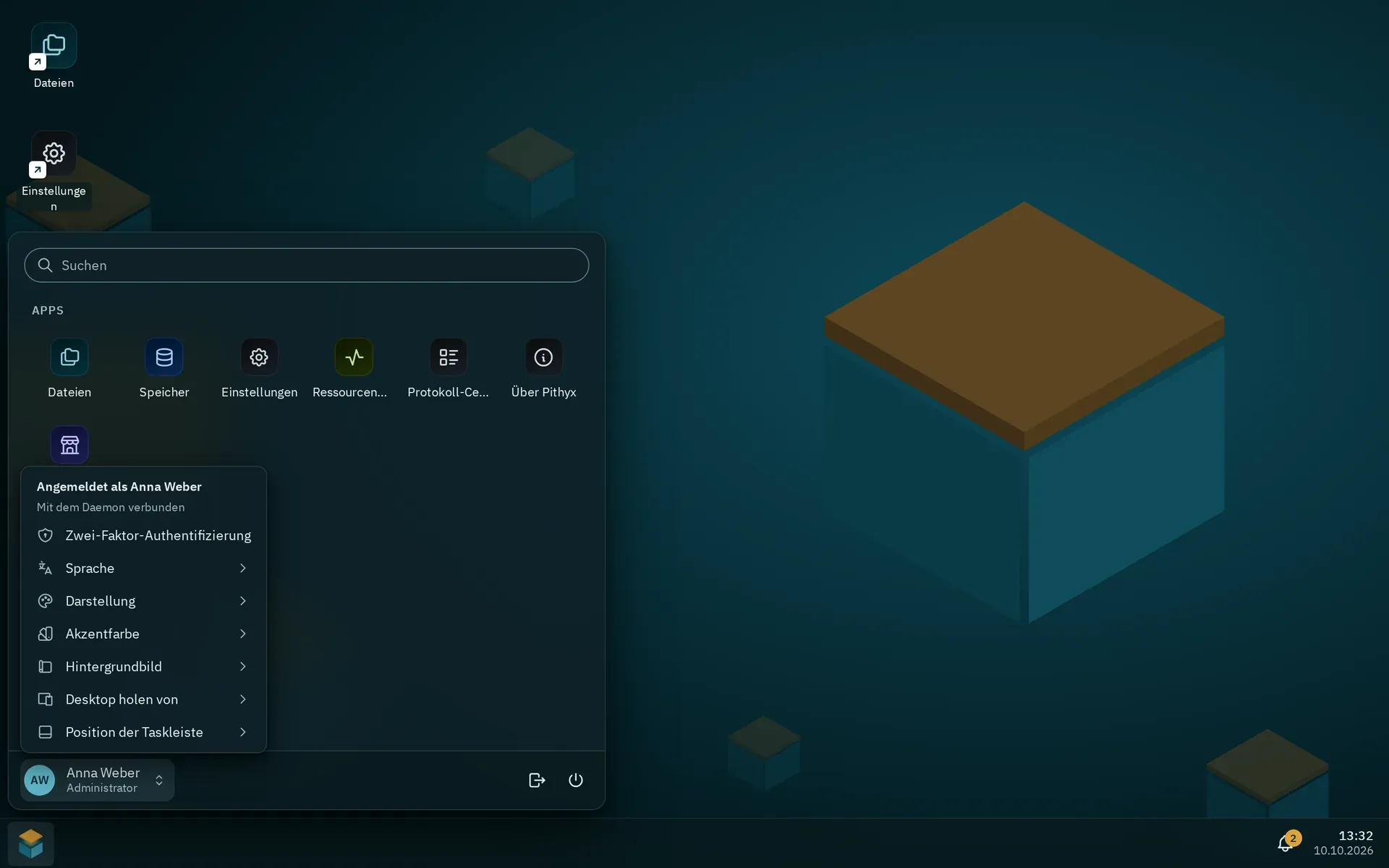 Das Pithyx-Menü im dunklen Design mit geöffnetem Kontomenü von Anna Weber: Zwei-Faktor-Authentifizierung, Sprache, Darstellung, Akzentfarbe, Hintergrundbild, Desktop holen von und Position der Taskleiste
