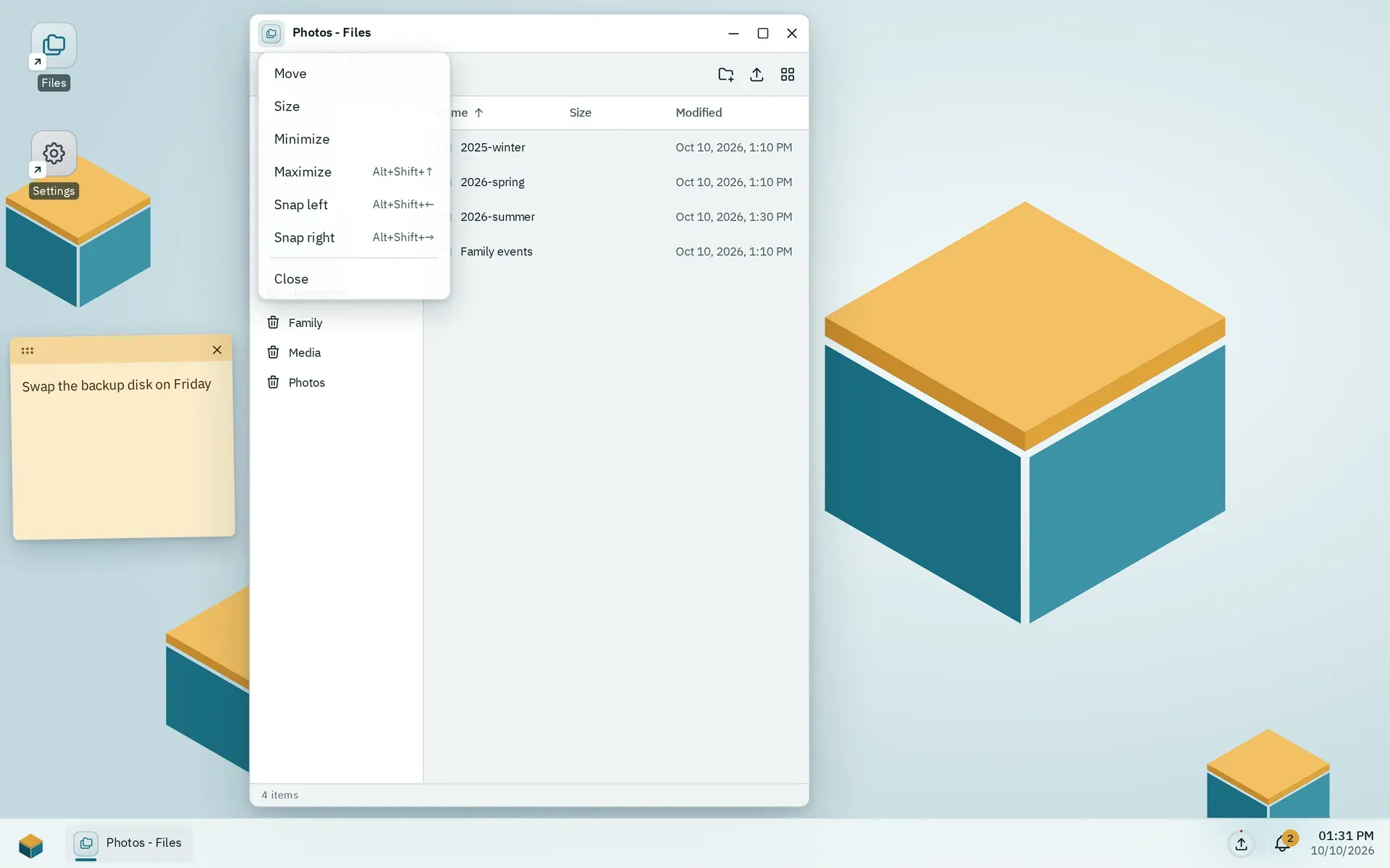 The window menu of Files, opened from the app icon in the title bar, with Move, Size, Minimize, Maximize, Snap left, Snap right and Close