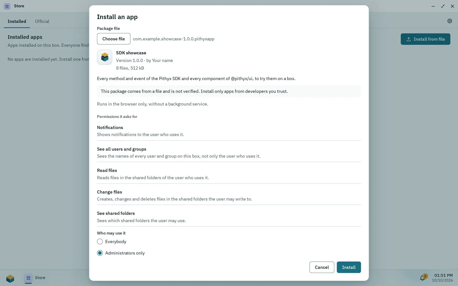 The dialog Install an app with a package file, the warning that it is not verified, the permissions it asks for, who may use it and the pool for app data