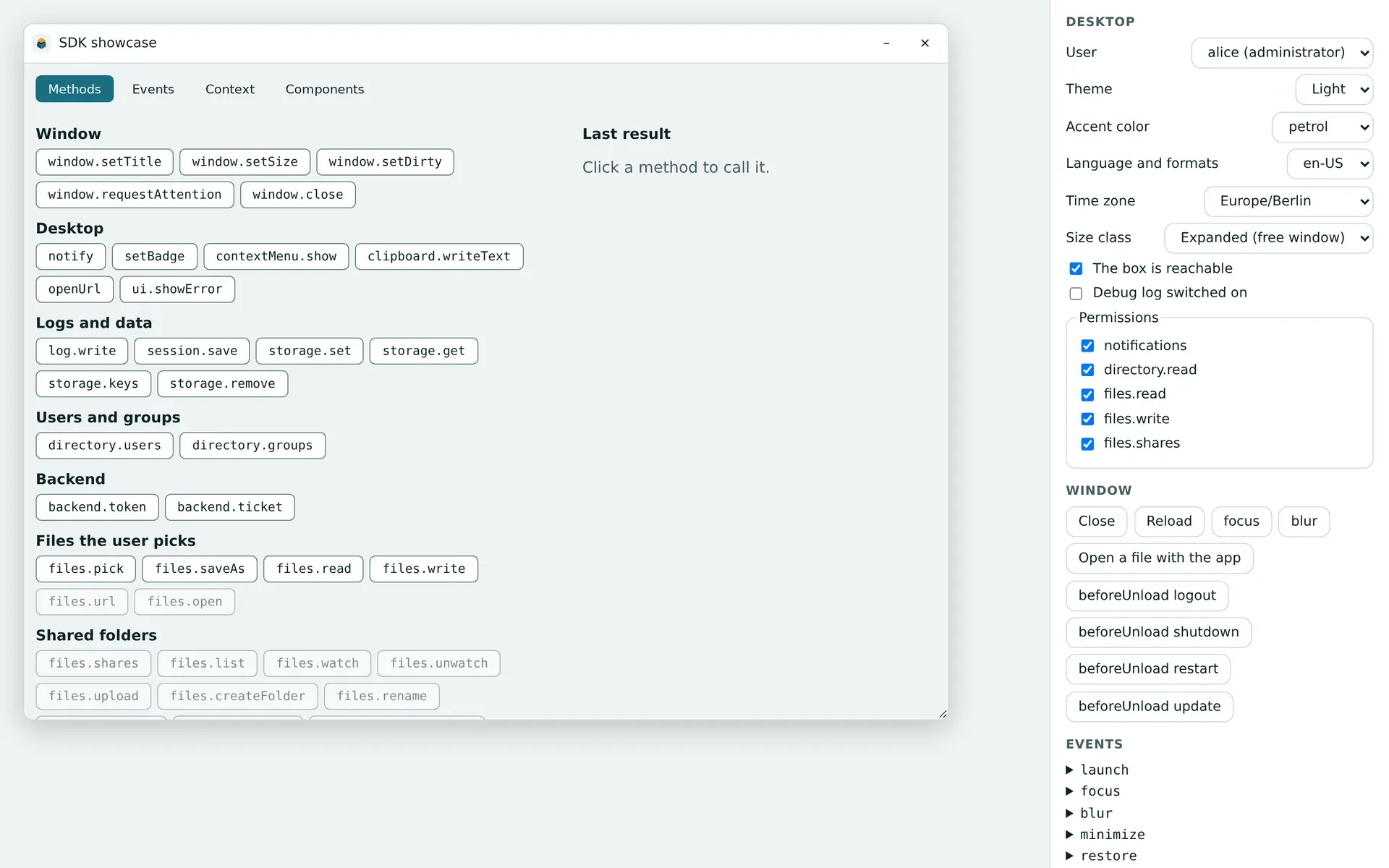 The mock desktop of pithyx dev with the SDK showcase in a window and the side panel with user, theme, accent color, language, size class and permissions