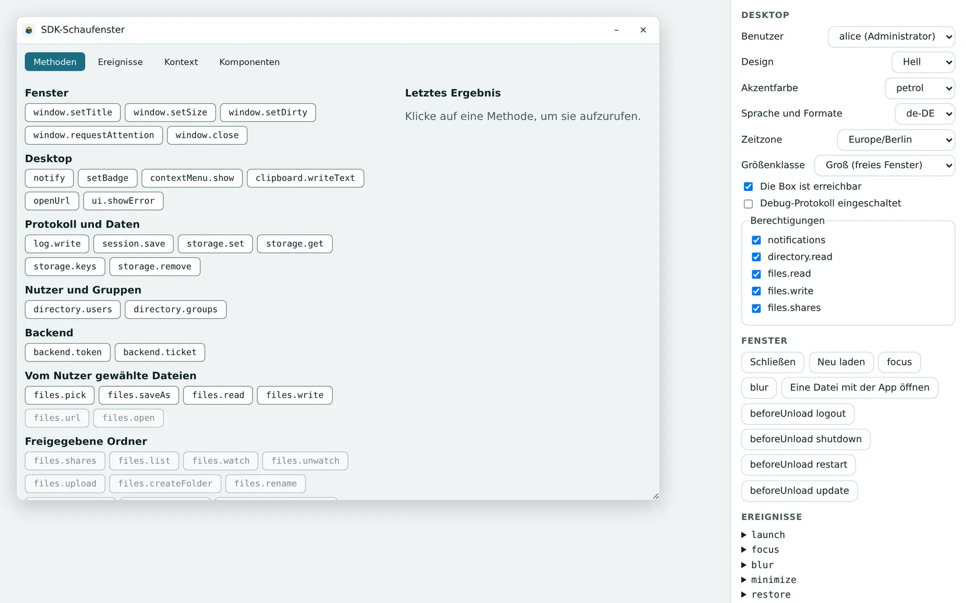 Der Test-Desktop von pithyx dev mit dem SDK-Schaufenster in einem Fenster und der Seitenleiste mit Benutzer, Design, Akzentfarbe, Sprache, Größenklasse und Berechtigungen