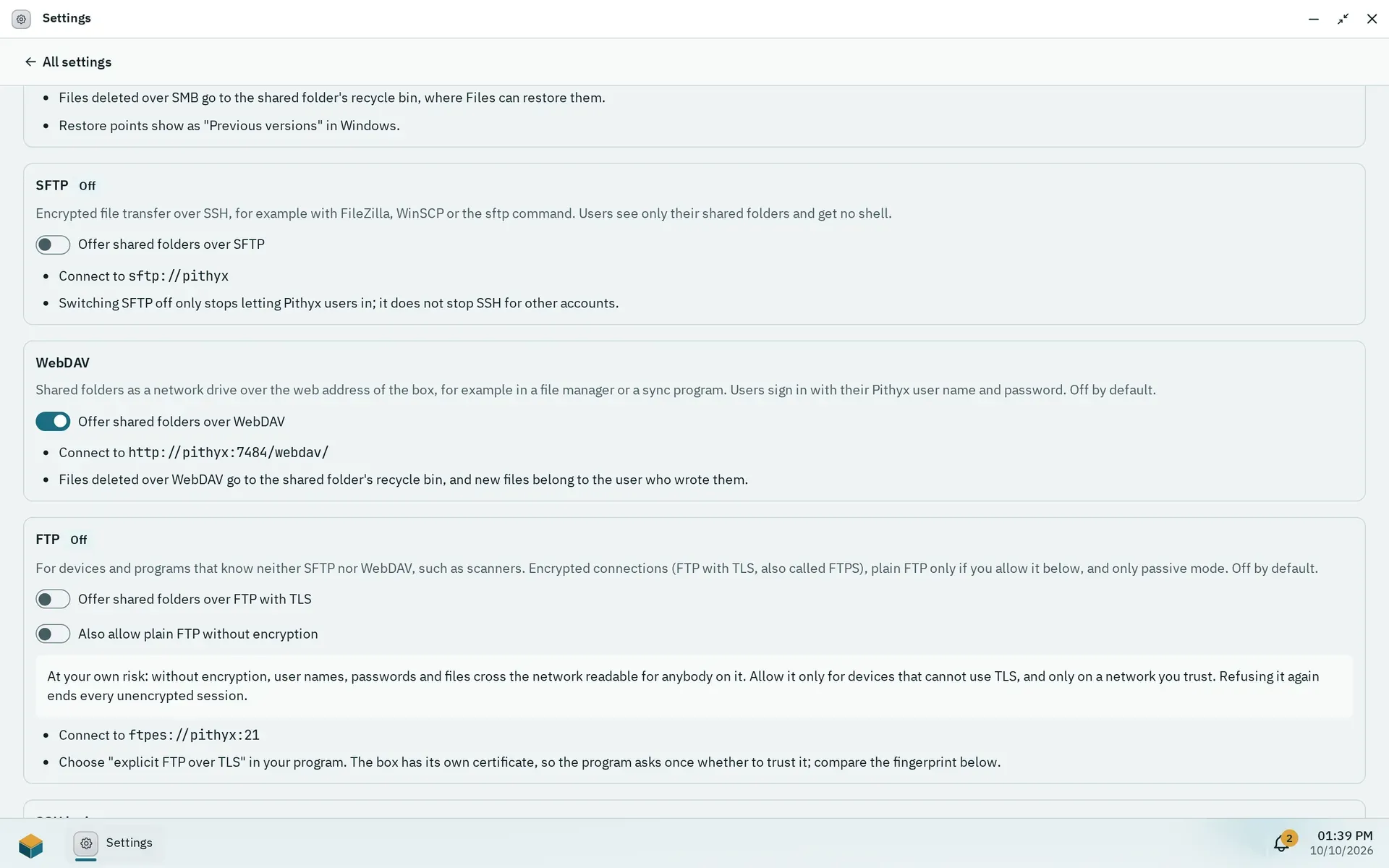 Settings, File services, with SFTP off, WebDAV on, FTP off and the addresses to connect to, such as sftp://pithyx and https://pithyx/webdav/