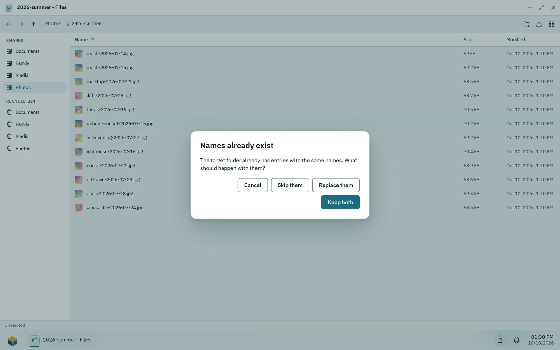 The dialog Names already exist with the buttons Cancel, Skip them, Replace them and Keep both