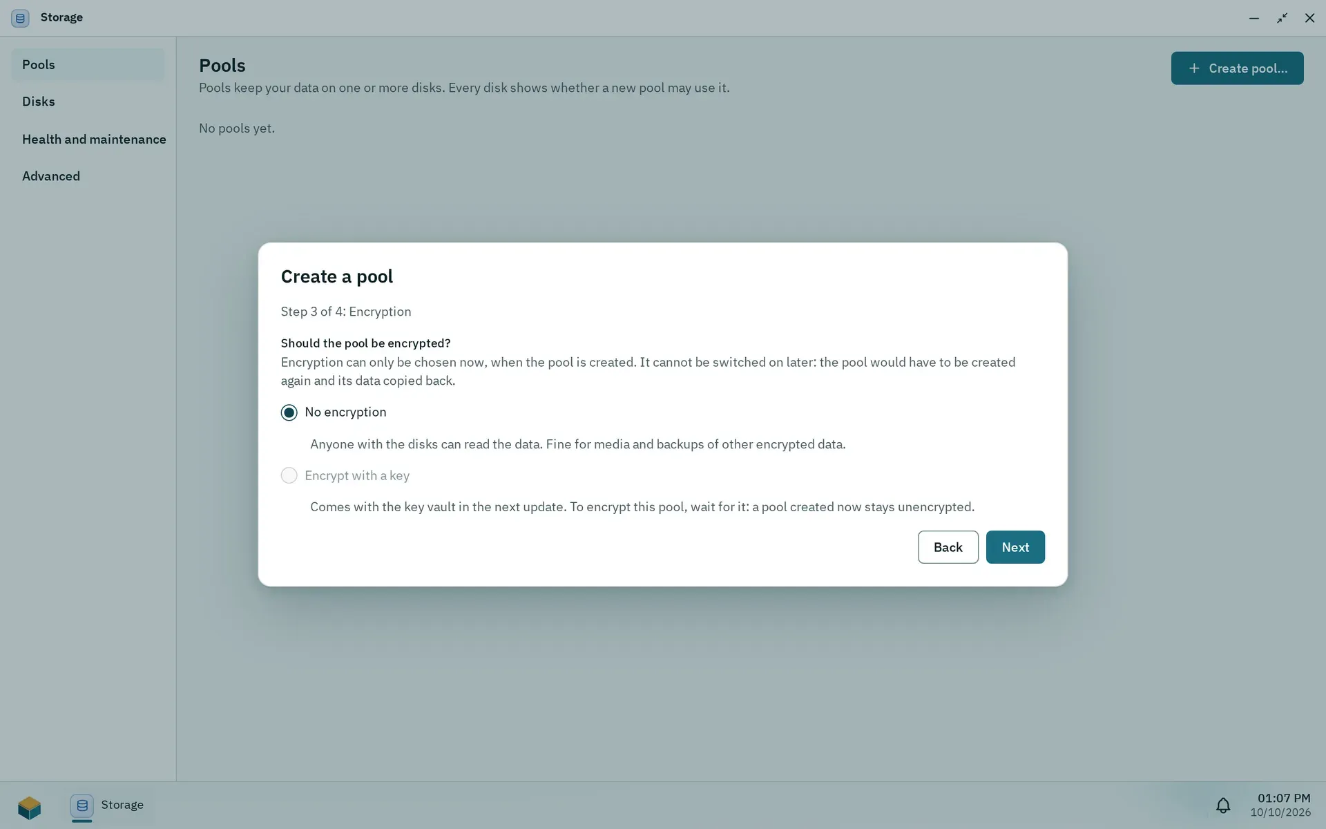 The Create a pool wizard at step 3, Encryption, with No encryption chosen and Encrypt with a key not available yet