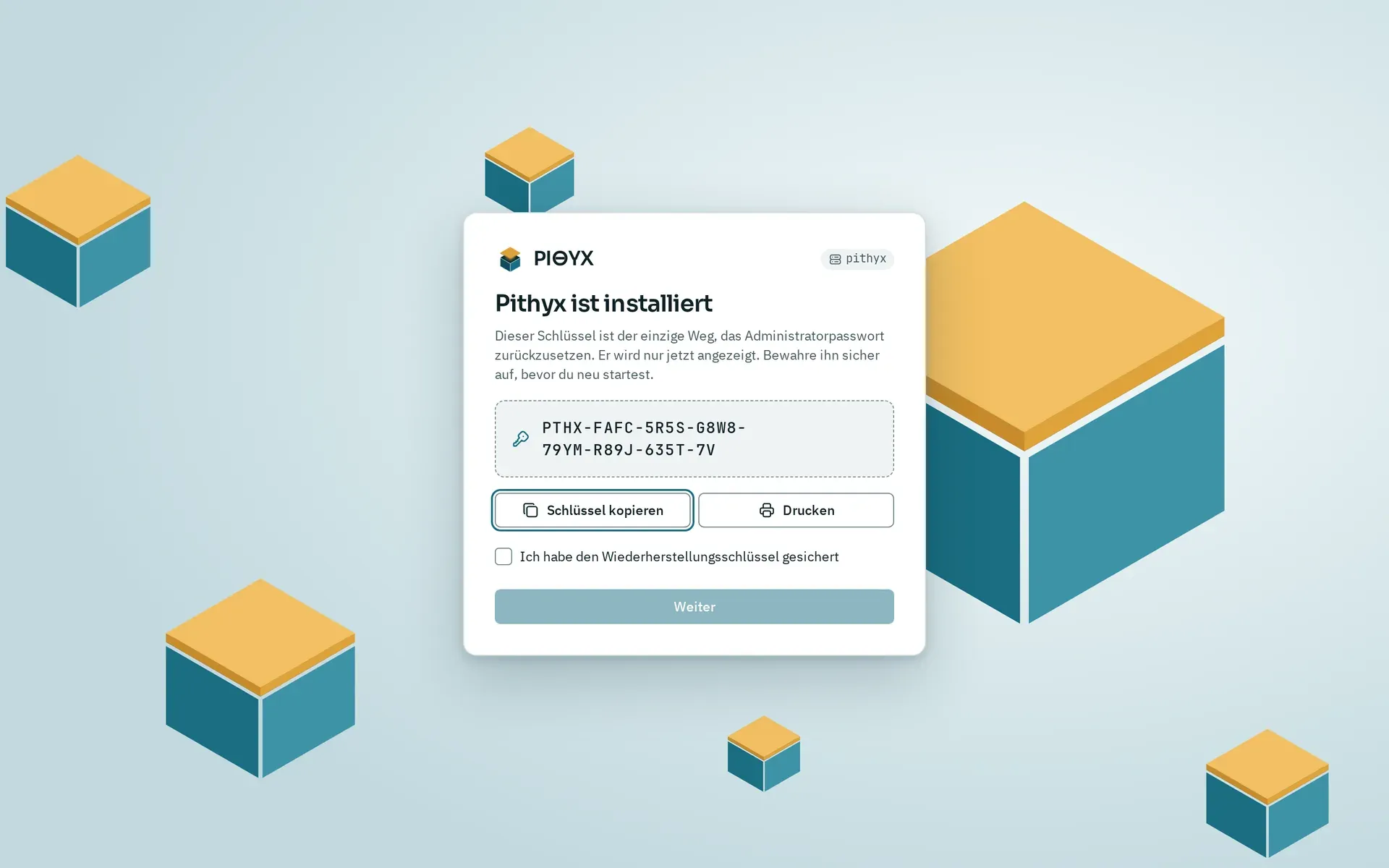 Die Seite Pithyx ist installiert mit dem Wiederherstellungsschlüssel einer Testinstallation, den Knöpfen Schlüssel kopieren und Drucken und dem Kästchen Ich habe den Wiederherstellungsschlüssel gesichert