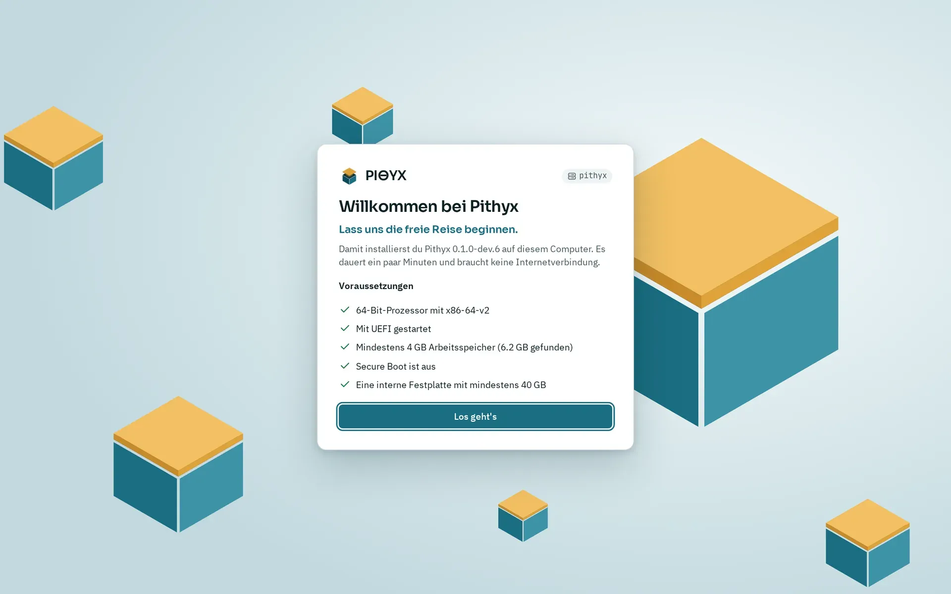 Die Startseite des Installers, Willkommen bei Pithyx, mit den fünf erfüllten Voraussetzungen und dem Knopf Los geht’s