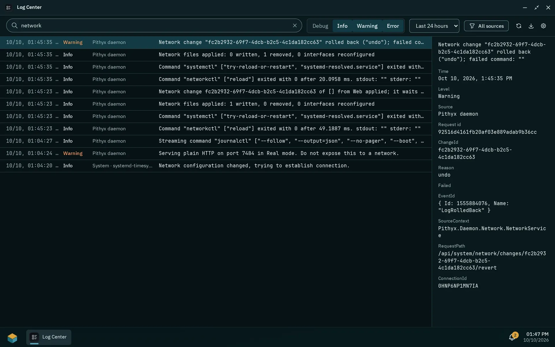The Log Center in the dark theme with the search network, the levels Info, Warning and Error, the time range Last 24 hours and the details pane of a warning