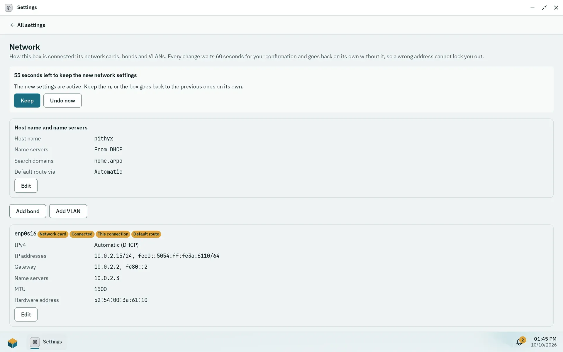 Settings, Network, with the banner 55 seconds left to keep the new network settings and the buttons Keep and Undo now