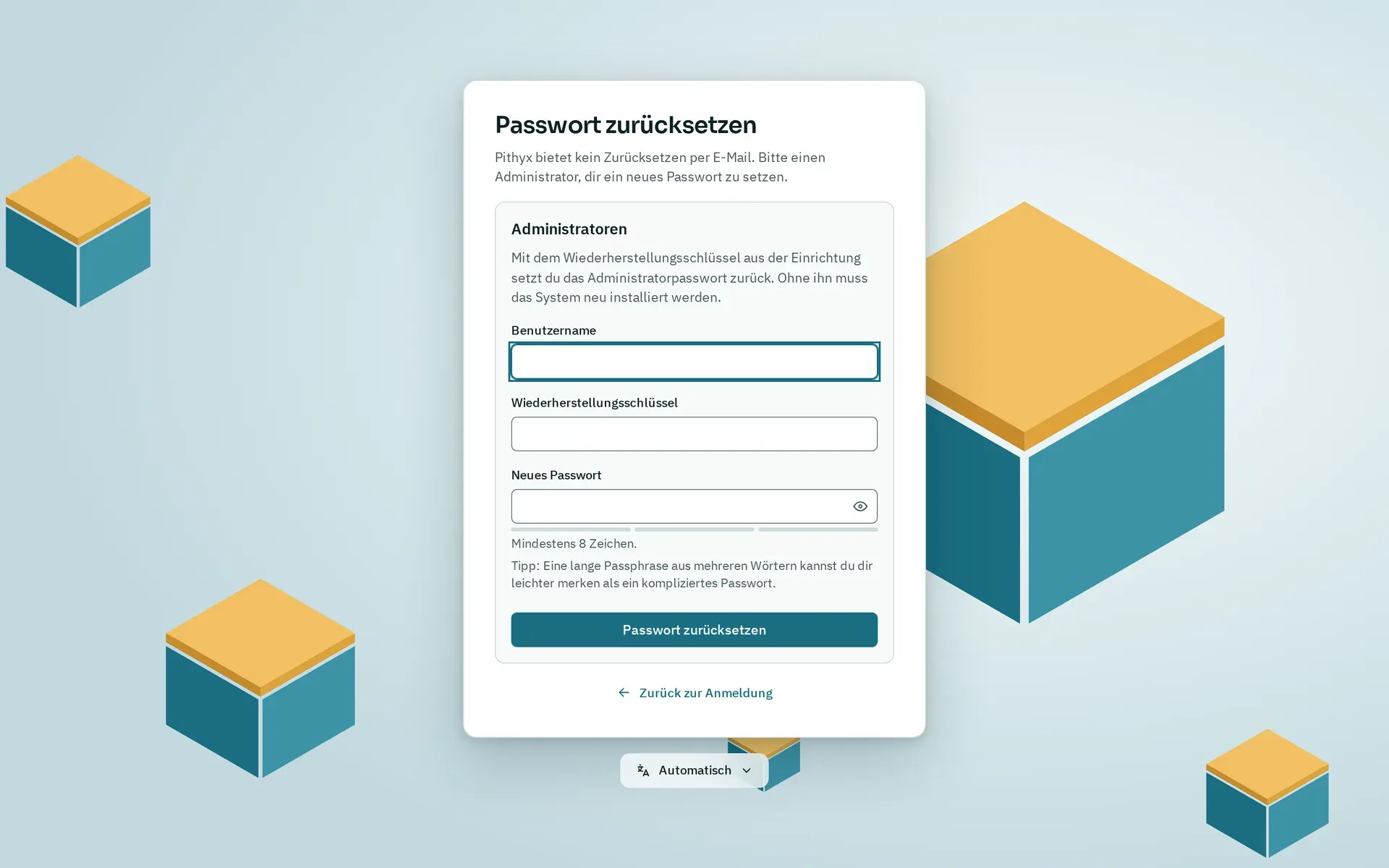 Die Anmeldeseite mit dem Formular Passwort zurücksetzen: Benutzername, Wiederherstellungsschlüssel und neues Passwort für Administratoren