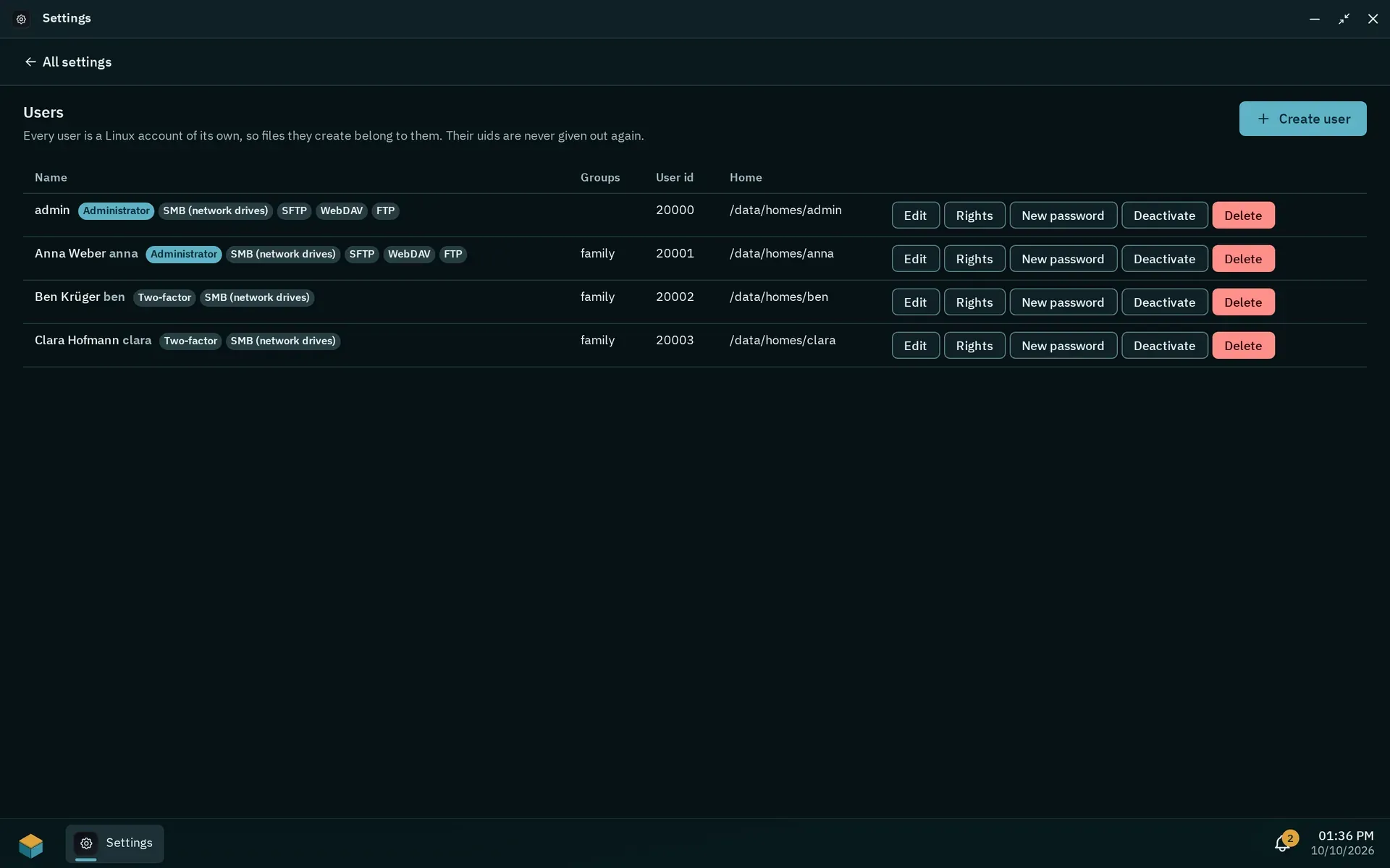 Settings on the Users page with four users and the badges Administrator and Two-factor