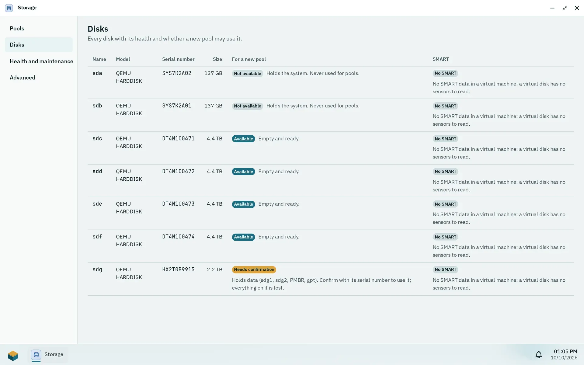 Storage, Disks, with the column For a new pool: two system disks Not available, four empty disks Available and one disk with partitions Needs confirmation
