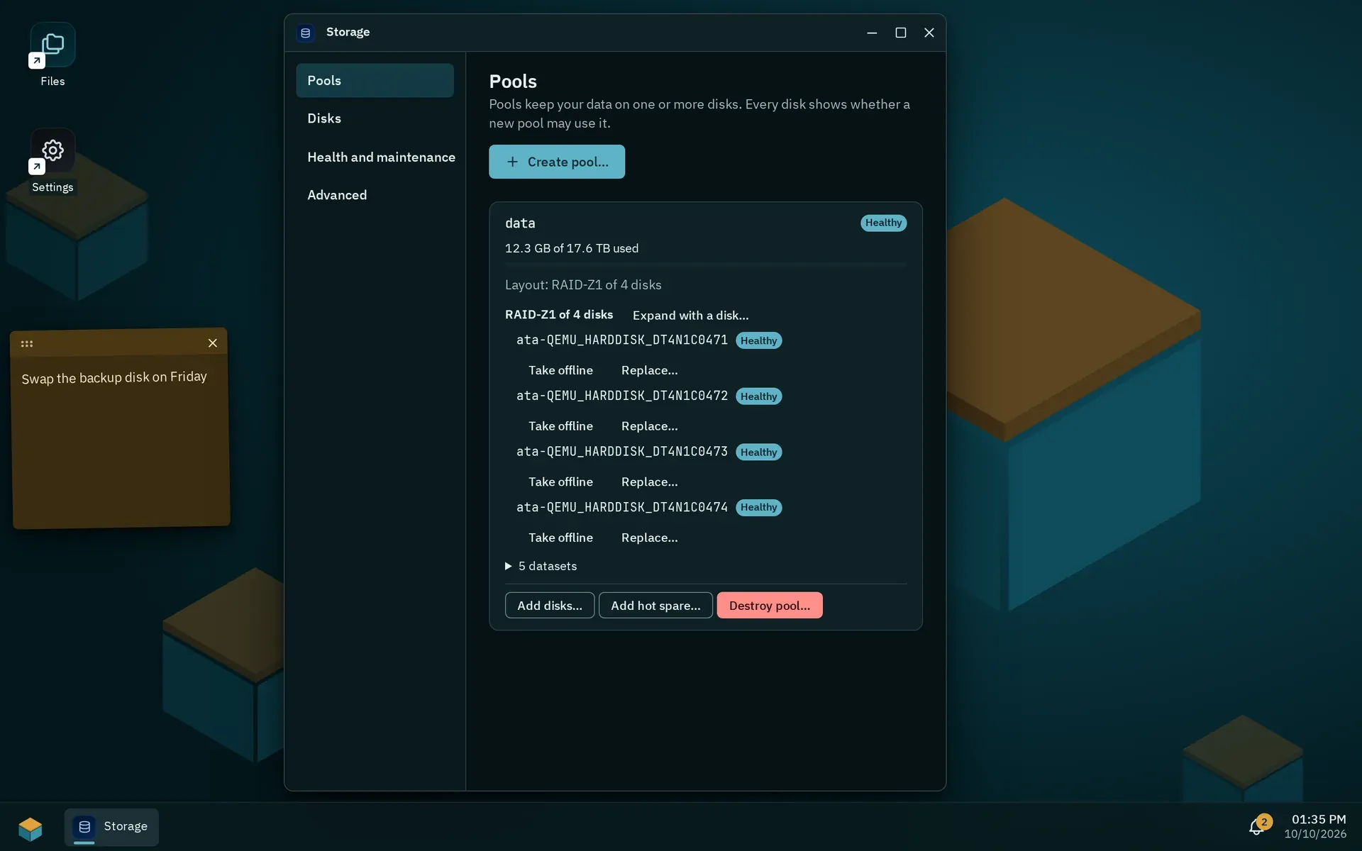 The Storage app with a healthy RAID-Z1 pool of four disks, its used and free space and the list of its disks
