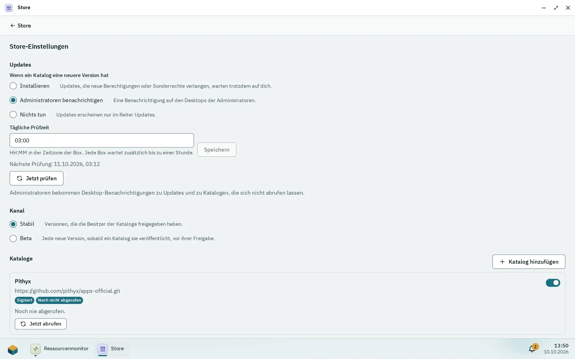 Die Store-Einstellungen mit der Update-Regel Administratoren benachrichtigen, der täglichen Prüfzeit 03, dem Kanal Stabil und der Liste der Kataloge