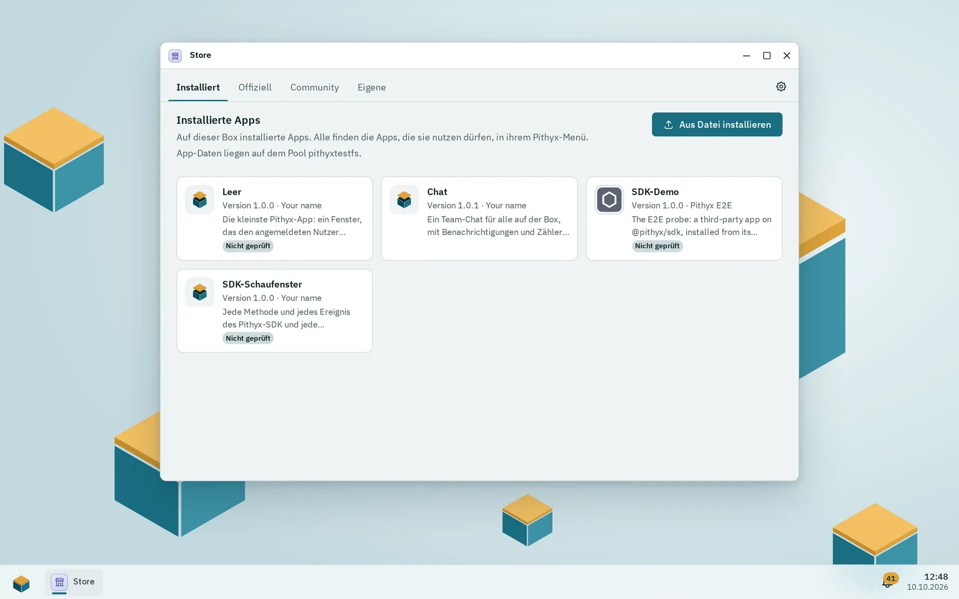 Der Store auf dem Tab Installiert mit vier installierten Apps, darunter eine Chat-App und das SDK-Schaufenster