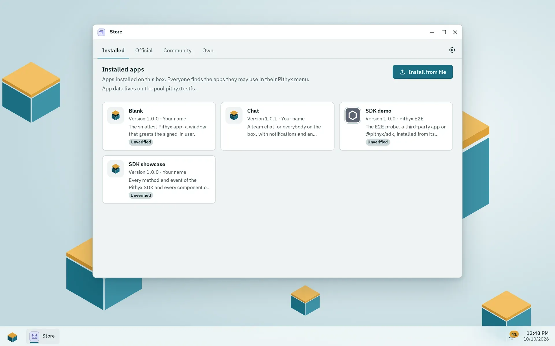 The Store on the Installed tab with four installed apps, among them a chat app and the SDK showcase