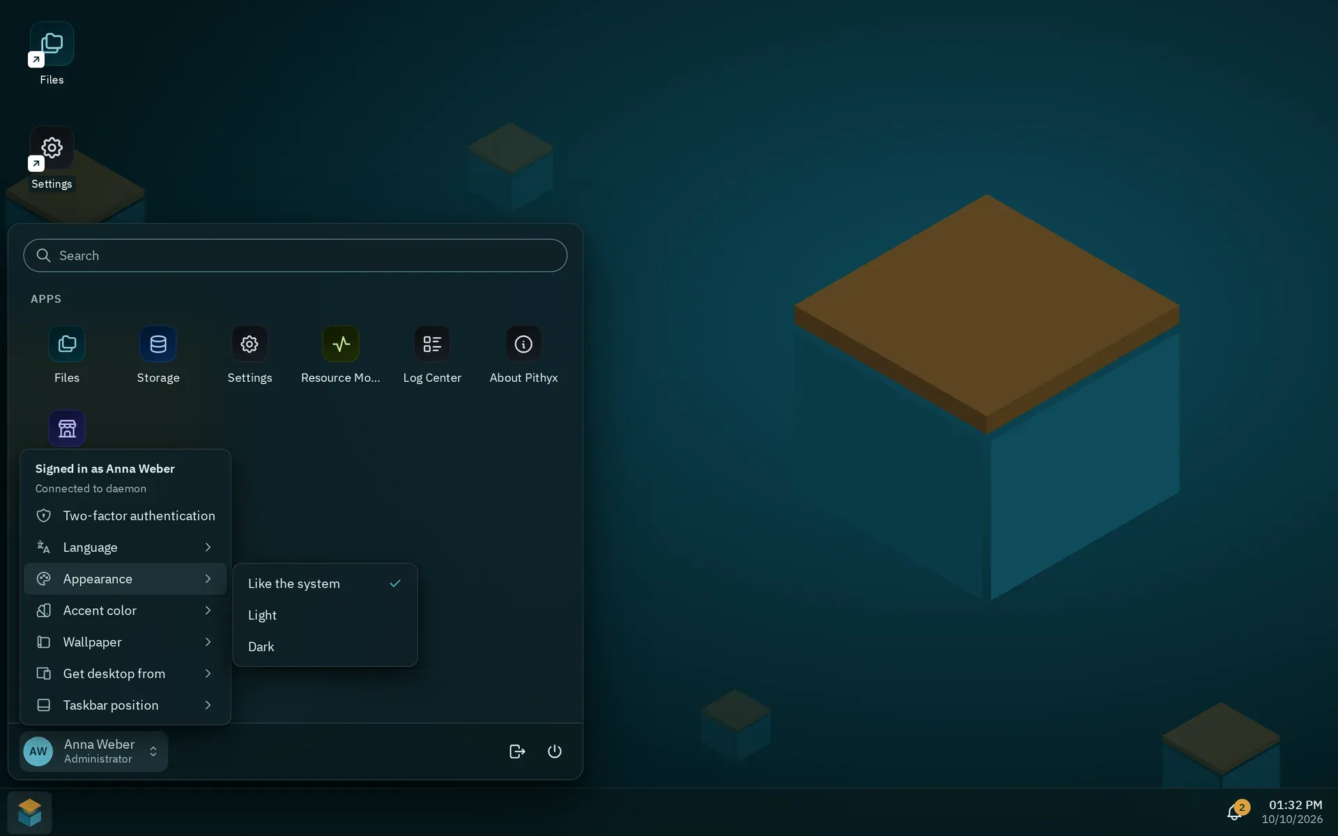 The account menu in the dark theme with the submenu Appearance open: Like the system, Light and Dark